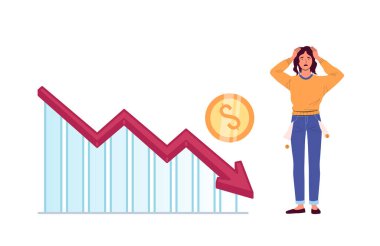 Financial crisis. Depressed woman watching marker fall. Company bankruptcy or budget recession concept. Chart with falling arrow showing economy collapse vector. Employee losing money