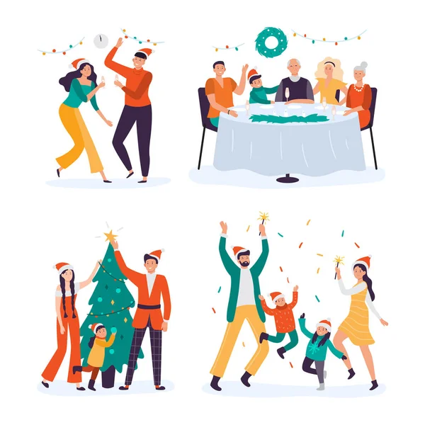 Christmas People Celebrating Holiday Together Family Members Sitting Table Drinking — 스톡 벡터