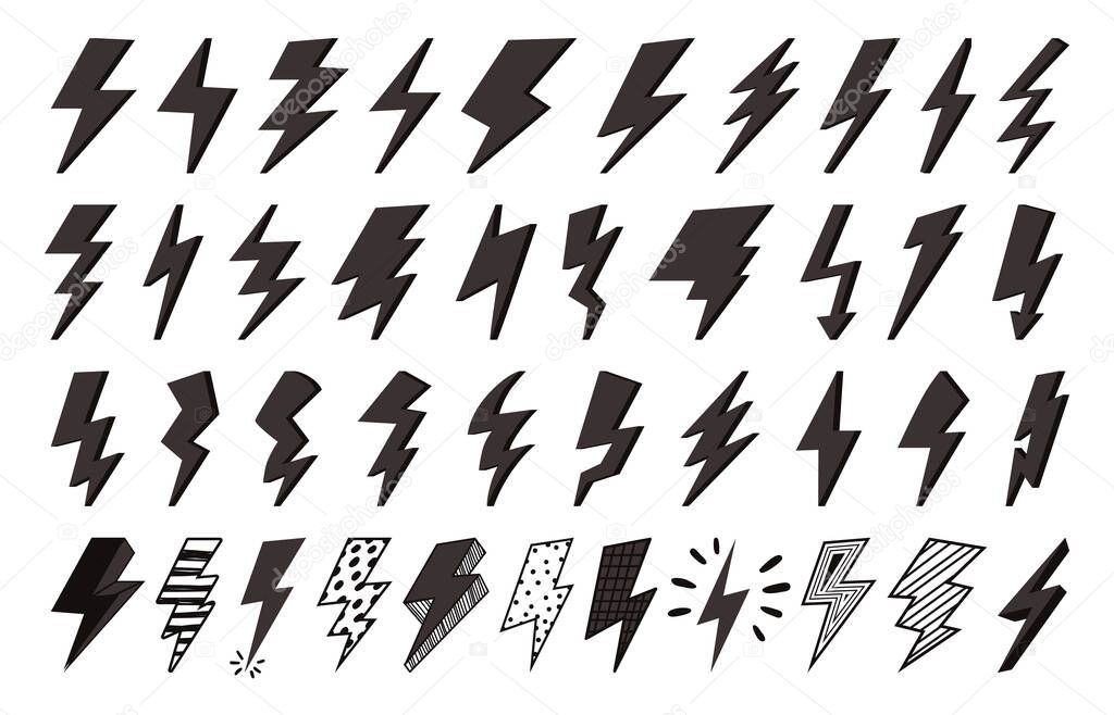 Flash icons. Lightning or thunderbolt storm symbols. Natural or electrical strikes isolated on white. Different elements for charging and battery, warning striped and spotted signs vector set