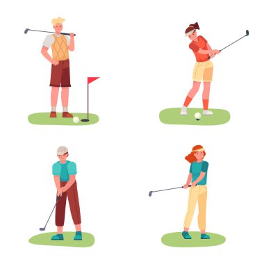 Golf playing. Female and male characters exercising with golf clubs, hitting ball. Players doing sport on green lawn. People having active hobby. Outdoor leisure activity isolated vector set