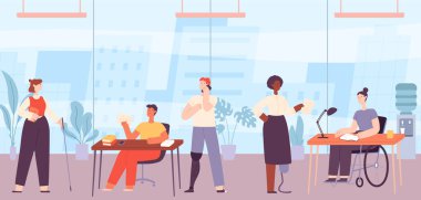 Inclusive workplace with people with disabilities. Woman on wheelchair, colleagues with leg prosthesis and blind girl working at office. Workers sitting at desks and cooperating vector