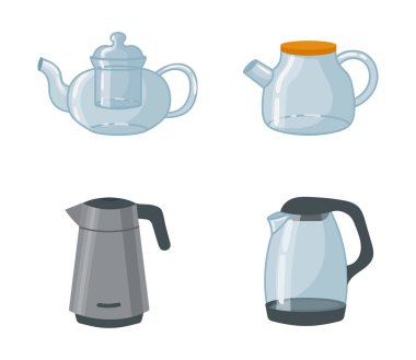 Kitchen or cafe teapot vector set. Modern glass and metal kettles for tea. Appliance for water boiling. Household elements to make hot drinks. Glassware for tea ceremony isolated vector set