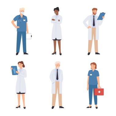 Medical staff doctor. Hospital worker characters in uniform holding x-ray picture, first aid kit. Surgeons, practitioners and nurses standing with equipment, people working in clinic vector set
