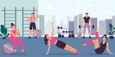 People in gym. Man and woman exercising indoor, doing sport. Female character having fitness activities, male athletes lifting barbell. Person having workout with equipment, healthy lifestyle vector