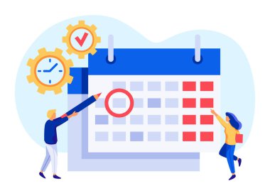 Work time management. Tiny people looking at calendar, checking important date. Man circling event or appointment, employees noting deadline at work. Reminder for workers vector illustration