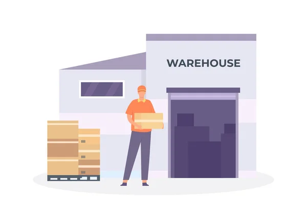Global Logistic Chain Male Character Carrying Parcels Warehouse Cartoon Worker — Stok Vektör