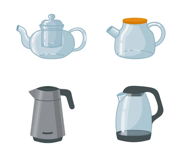 Kitchen Cafe Teapot Vector Set Modern Glass Metal Kettles Tea — 스톡 벡터