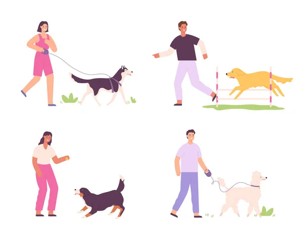 Men Women Domestic Dogs Activity People Walking Pets Male Female — Stock Vector