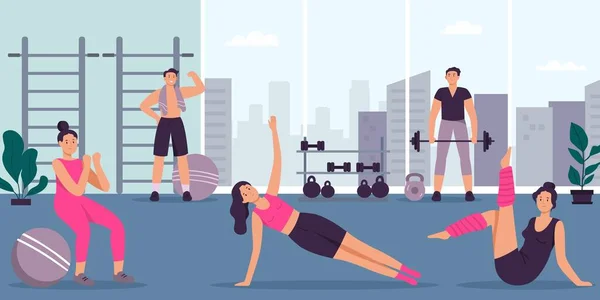 People Gym Man Woman Exercising Indoor Doing Sport Female Character — Wektor stockowy