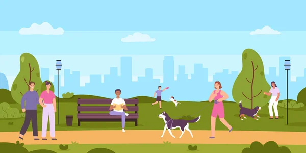 People Walk Public Park Cartoon Woman Running Pet Man Sitting — Stockvektor