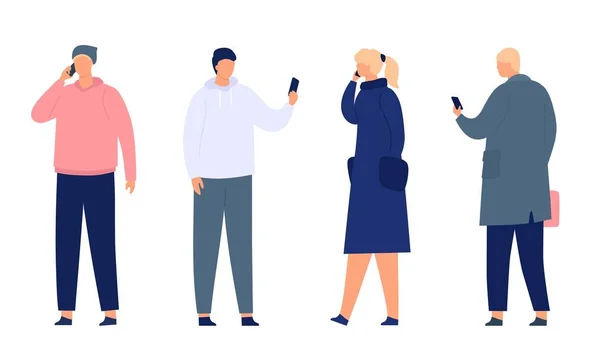 Person Holding Smartphone Female Male Characters Standing Gadgets Man Woman — Wektor stockowy