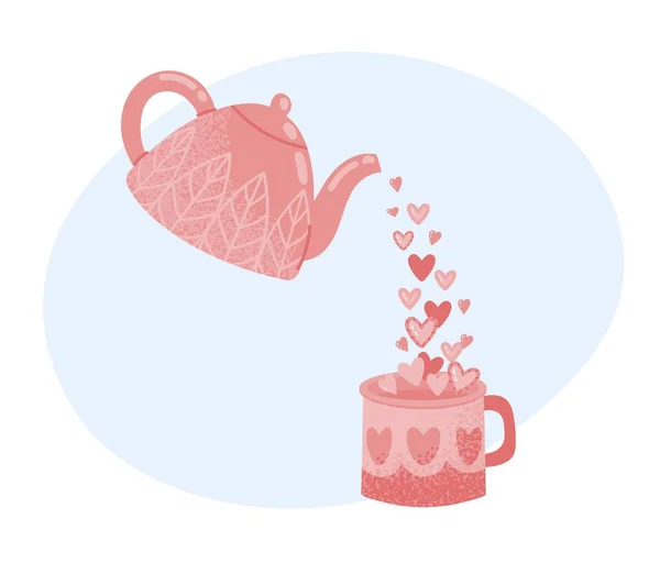Teapot Hearts Cute Pink Kettle Pouring Drink Cup Lovely Aromatic — Stock Vector
