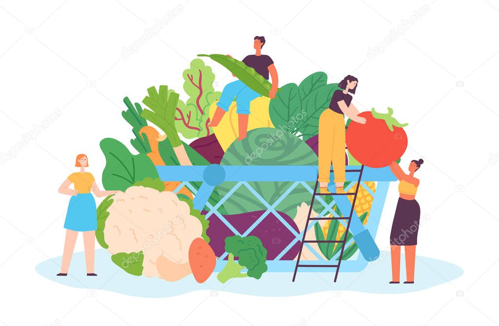 Tiny people with vegetables. Female and male characters carrying veggies to basket. Container full of fresh, organic food as cabbage, tomato, eggplant, corm and broccoli. Healthy lifestyle