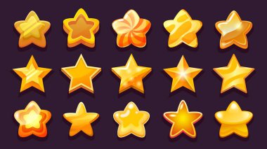 Game UI star. Golden bronze copper gaming win stars of various forms, 2D game asset of shining glossy achievement sign collection. Vector cute interface elements set of star achievement illustration
