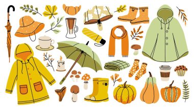 Autumn collection. Cartoon fall vibe icons, cozy clothing umbrella raincoat leaves and warm food elements for fall season. Vector hello autumn set of autumn fall mood illustration