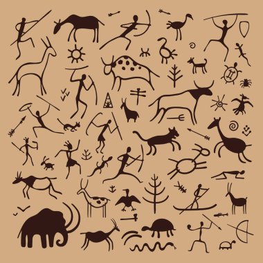 Rock painting. Primitive ancient caveman sketch, prehistoric symbols of hunters animals plants and ornaments on stone wall. Vector petroglyph prehistoric drawing. Illustration of primitive caveman
