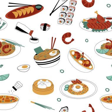 Asian food pattern. Seamless print of traditional oriental spicy food, soup with noodles in bowl, sushi, fried rice with sauces and spices. Vector texture of asian traditional menu seamless