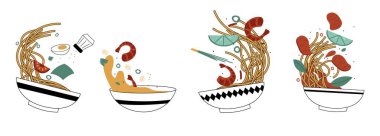 Asian food bowls. Doodle falling noodles sea food slices and sauces in bawls, Chinese Japanese and Korean traditional cuisine. Vector illustration for restaurants. Sea food in bowls