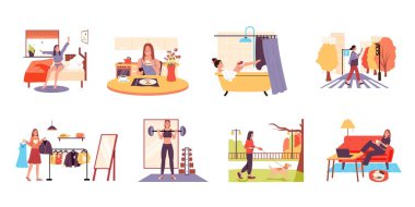 Woman daily routine. Girl everyday life scenes, cartoon person wake up, take shower, have breakfast shopping, go to work, walking in park, resting and workout. Vector set illustration