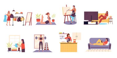 Woman hobby. Cartoon scenes with female character relaxing, gardening plants, reading book, cooking on kitchen, watching movie. Vector set of activity character scene fitness and hobby illustration