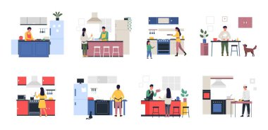 People on kitchen. Cartoon characters cooking together, man and woman family and friends preparing dinner at home and outdoor. Vector person cooking illustration of preparation cooking