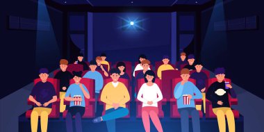 People in cinema. Cartoon characters on holiday spending time in movie theater, dark room interior with red chairs and cinema projector. Vector people watching movie in cinema illustration