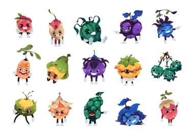 Fantasy fruits characters. Cartoon magic colorful berries with funny faces, 2D game sprite asset of fantastic plants. Vector isolated emoji icons of character fruit strawberry illustration