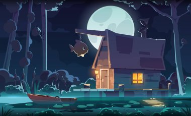 Night swamp fantasy background. Cartoon forest with wooden cabin standing on marsh, mystic swamp landscape with witch house. Vector game art illustration of marsh night and house on swamp