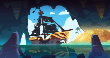 Pirate ship in cave. Cartoon background with fantasy sea bandits ship in dark grotto filled with stolen treasures. Vector marine children illustration of ship pirate in sea cave