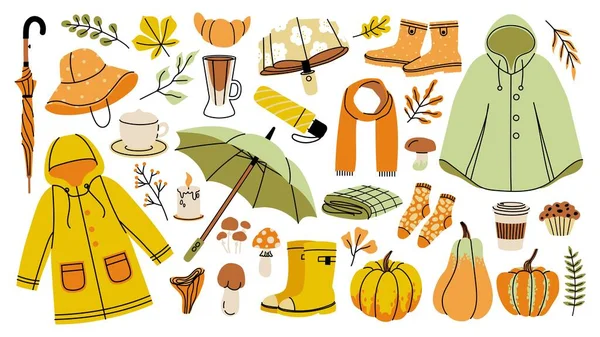 Autumn Collection Cartoon Fall Vibe Icons Cozy Clothing Umbrella Raincoat — Stockvector