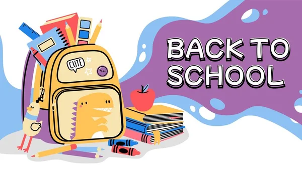Back School Backpack Cartoon Background Kids Bag School Accessories Stationery — Stok Vektör