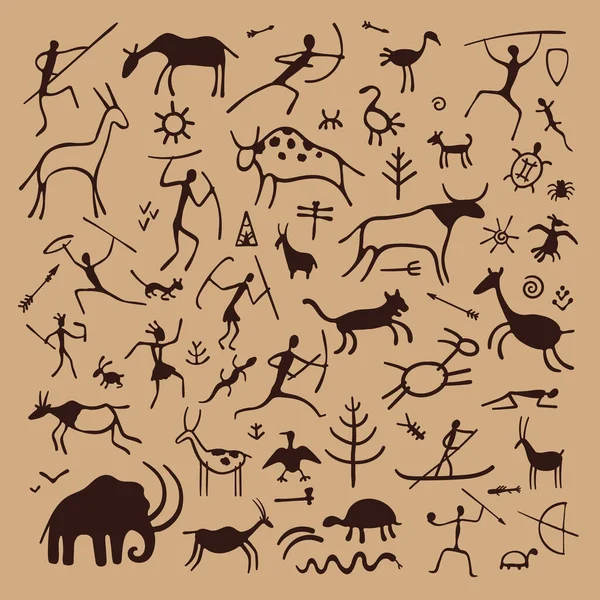Rock Painting Primitive Ancient Caveman Sketch Prehistoric Symbols Hunters Animals — Vetor de Stock