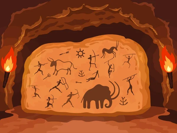 Prehistoric Painting Primitive Drawing Stone Wall Cave Ancient Symbols Hunters — 图库矢量图片