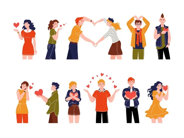People Hearts Cartoon Characters Holding Red Hearts Friendly Support Care — 스톡 벡터