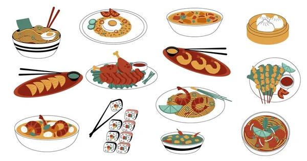 Asian Food Chinese Japanese Korean National Cuisine Bowls Plates Food — ストックベクタ