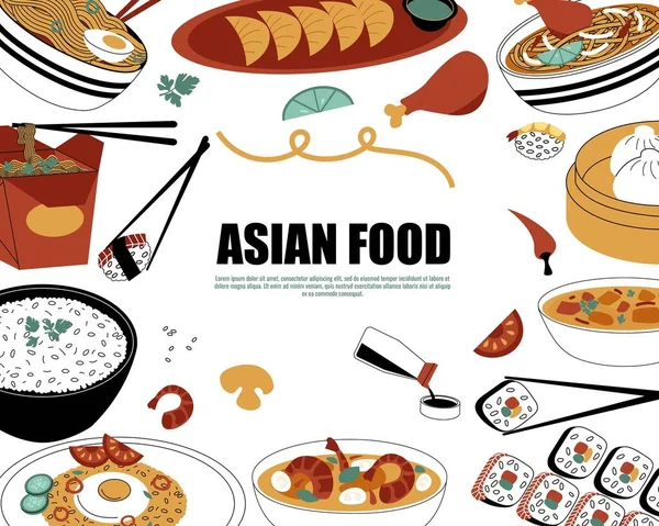 Asian Food Framing Doodle Traditional Meal Spices Sauces Bowl Noodles — Stockový vektor
