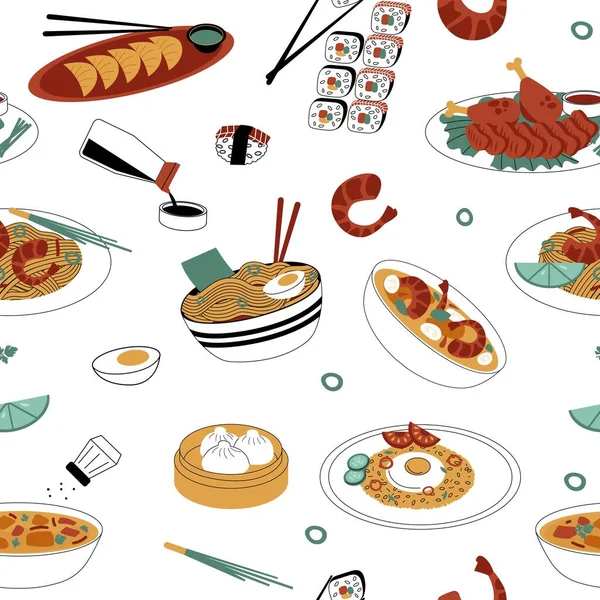 Asian Food Pattern Seamless Print Traditional Oriental Spicy Food Soup — 图库矢量图片