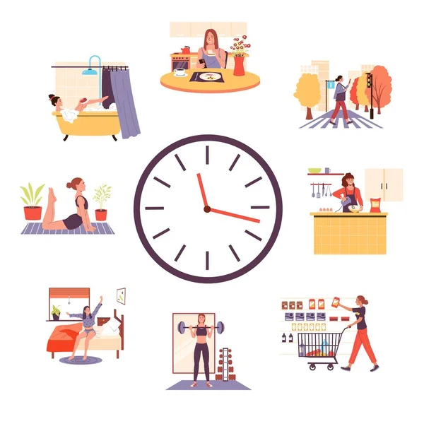 Woman Routine Clock Cartoon Girl Activities Daytime Female Busy Lifestyle — ストックベクタ