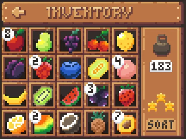 Pixel Fruits Inventory Cartoon Game Interface Screen Fruits Berries Cells —  Vetores de Stock