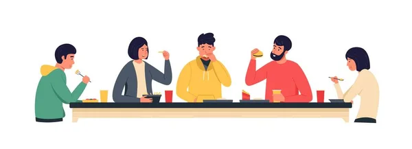 Customers Eating Food Cartoon People Have Breakfast Lunch Brunch Cafe — Image vectorielle