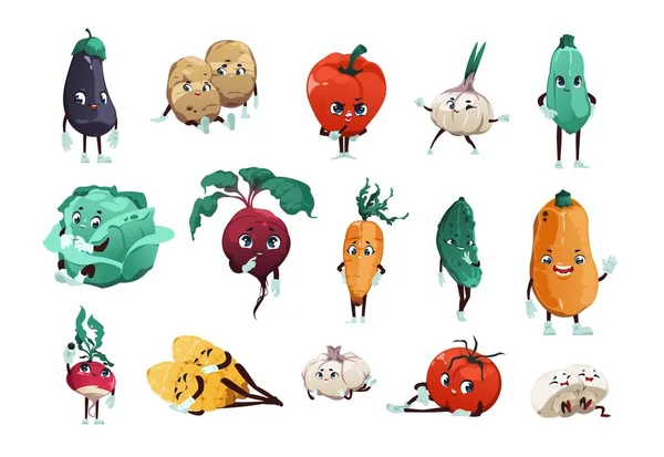 Vegetable Characters Cartoon Cute Fresh Organic Food Mascots Funny Faces — ストックベクタ