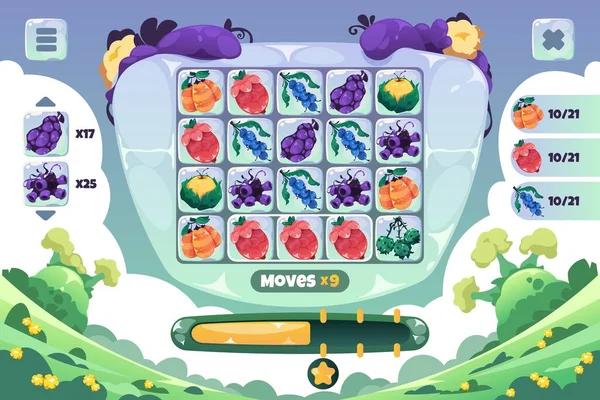 Match Game Screen Gameplay Cartoon Fantasy Fruits Puzzle Game Interface — Wektor stockowy