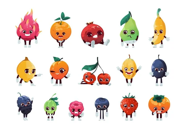 Cartoon Fruit Characters Cheerful Happy Kid Fruits Funny Faces Smiling — ストックベクタ