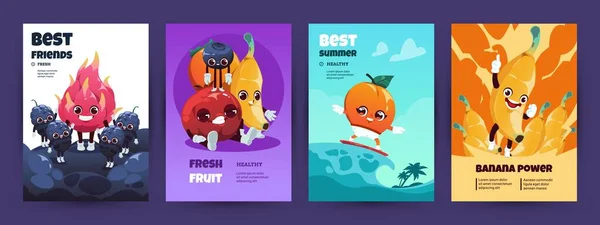 Cartoon Fruit Posters Funny Packaging Cover Funny Cheerful Exotic Fruit — Archivo Imágenes Vectoriales