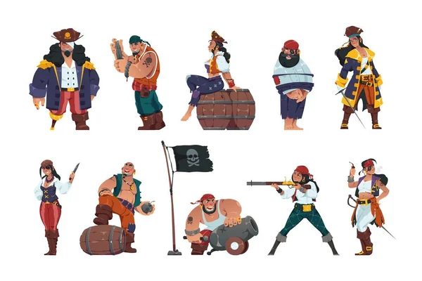 Pirate Men Women Cartoon Fantasy Sailors Sea Warriors Swords Treasure — Vettoriale Stock