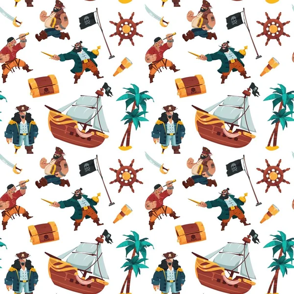 Pirates Pattern Cartoon Seamless Print Sailors Bandits Pirate Costumes Weapon — Stock Vector