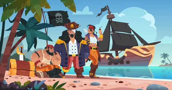 Pirates Island Cartoon Kids Background Corsairs Pirate Characters Sea Beach — Vetor de Stock