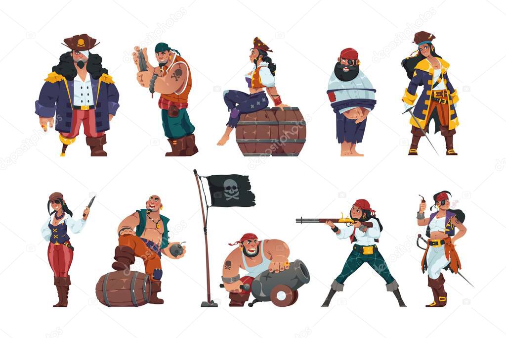 Pirate men and women. Cartoon fantasy sailors and sea warriors swords treasure chest spyglass wearing pirate costumes. Vector marine corsairs collection of sailor character pirate illustration