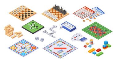 Board game collection. Cartoon funny strategy miniature games for family leisure and recreation, lotto bingo and dice table gaming. Vector isolated set of game activity board illustration