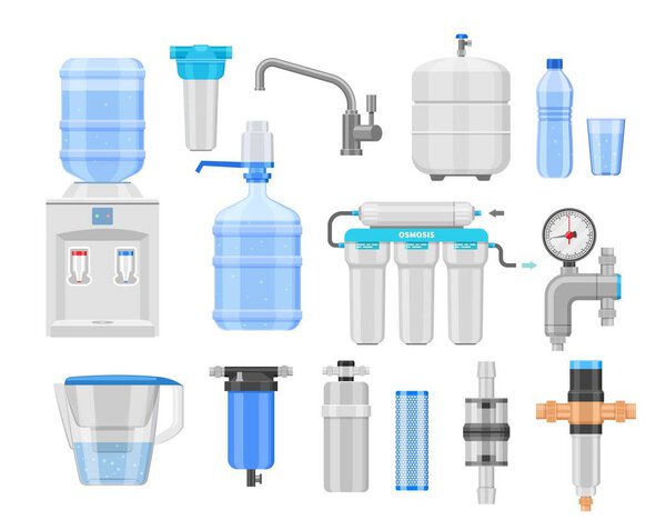 Water purifier. Cleaning filtration and antibacterial water treatment, home purification equipment with filters valve and water tank. Vector isolated set of water filtration system illustration